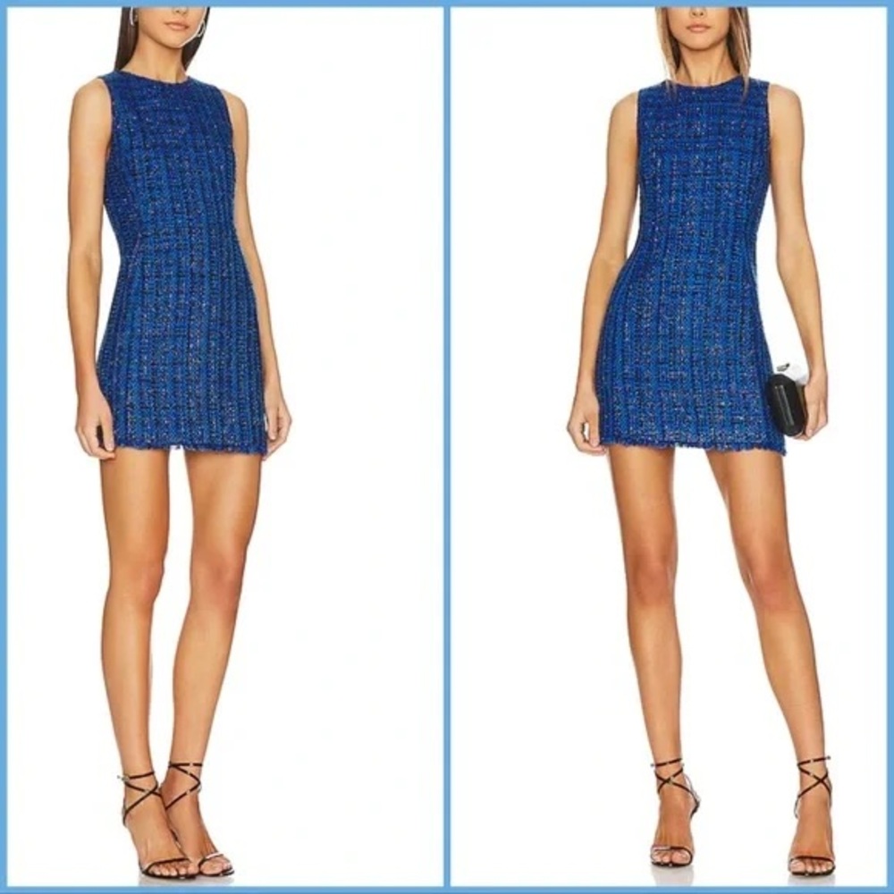 Alice + Olivia Clyde Blue Black Tweed Crewneck Mini Dress